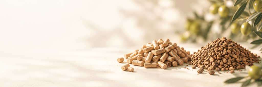 Confronto visivo tra pellet di legno e nocciolino di oliva con rami di ulivo
