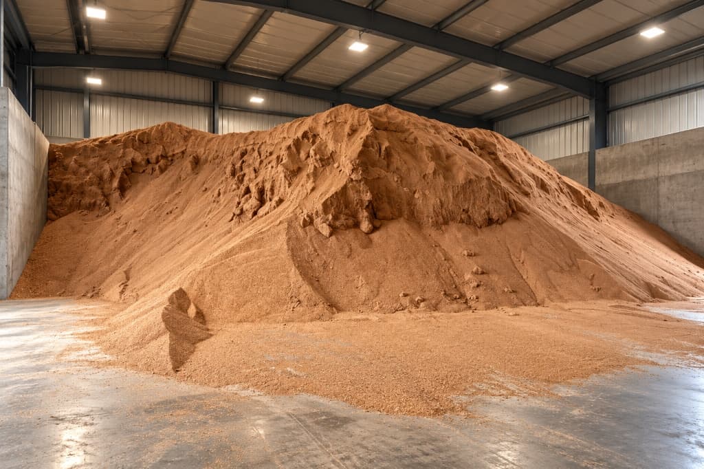 Stoccaggio del nocciolino di oliva sfuso pulito ed essiccato in magazzino coperto