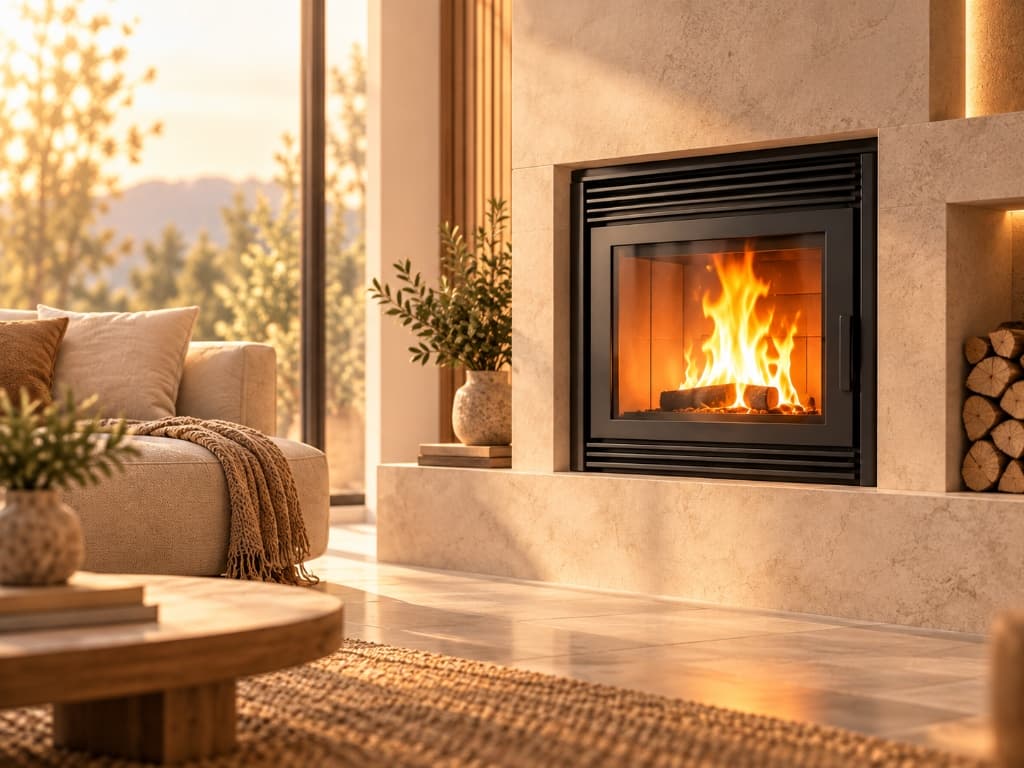 Termocamino moderno integrato a parete con fiamma viva